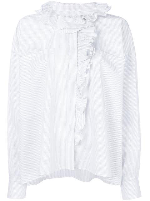 Faith Connexion Ruffle Front Striped Cotton Shirt In White | ModeSens