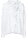 Faith Connexion Ruffle Front Striped Cotton Shirt In White
