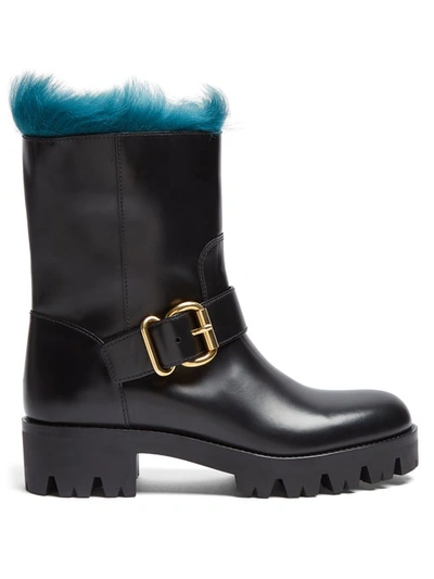 Prada Fur-lined Leather Ankle Boots In Black Multi