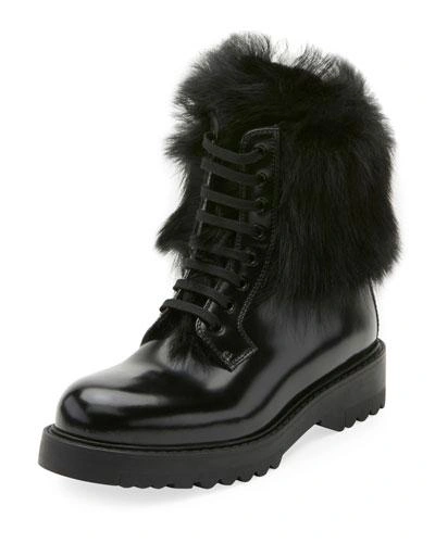 Prada Lace-up Fur-lined Boot In Black
