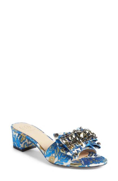 Tory Burch Valentina Brocade Embellished Bow Slide Sandals In Blue Metallic