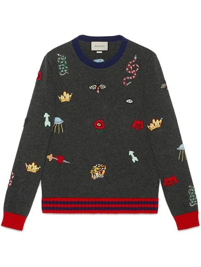 Gucci Wool Sweater With Embroideries In Dark Grey