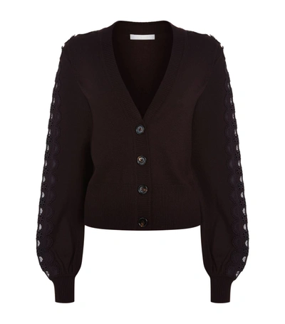 Chloé Lace Insert Wool Cardigan In Brown