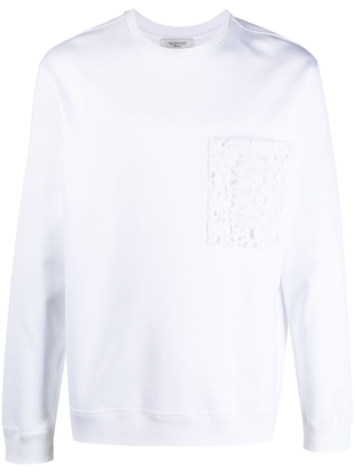 Valentino Crew-neck Cotton Sweatshirt With Macramé Pocket In White