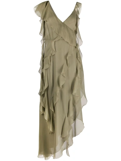Blumarine Military Green Long Dress With Volantes In Taupe