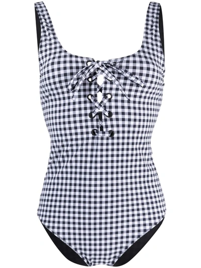 Ganni Gingham Lace-up One-piece Swimsuit In Black