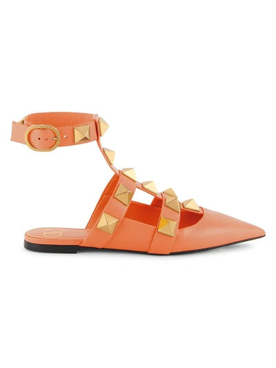 Valentino Garavani Roman Stud Ankle-cuff Leather Ballerinas In Orange Zest