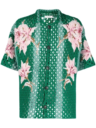 Valentino Val Knitted Floral Crochet Ss Polo Mlti In Green/multicolor