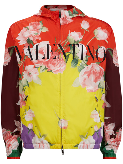Valentino Flying Flowers Zipped Hooded Jacket In Multicolour
