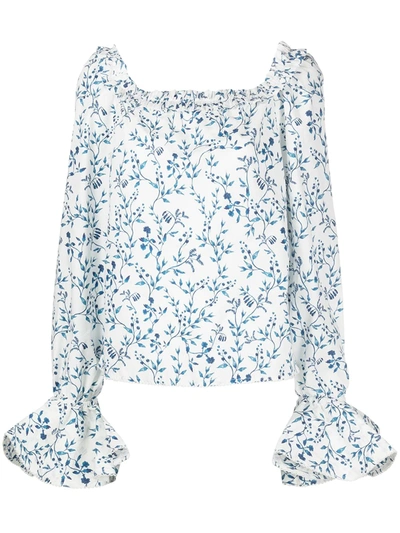 Agua By Agua Bendita Pina Ruffled Floral-print Cotton Top In White/blue