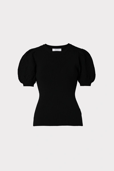 Milly Pointelle Puff-sleeve Rib-knit Top In Black