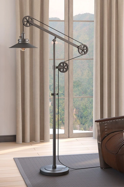Addison And Lane Descartes Aged Steel Wide Brim Floor Lamp With Pulley System In Silver