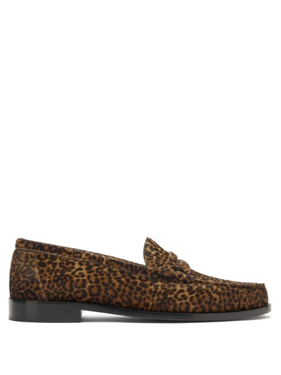 Saint Laurent Men's Leopard Print Calf Hair Penny Loafers In Brown