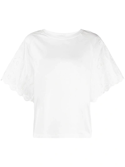 Sandro Hermione Broderie Anglaise-paneled Cotton-jersey Top In White