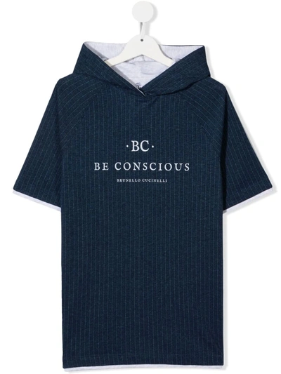 Brunello Cucinelli Teen Logo-print Short-sleeved Hoodie In Blue