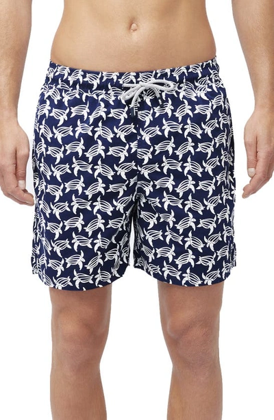 Tom & Teddy Turtle Swim Trunks In Deep Blue And White