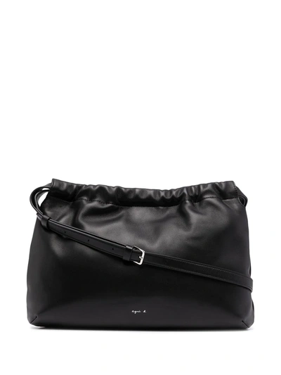 Agnès B. Drawstring-top Leather Shoulder Bag In Black