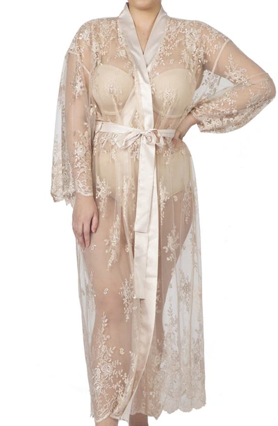 Rya Collection Plus Size Darling Long Embroidered Lace Robe In Champagne