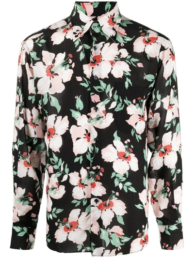 Tom Ford Floral-print Long-sleeve Shirt In Black