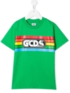 Gcds Kids' Rainbow Stripe Logo Cotton T-shirt In Green