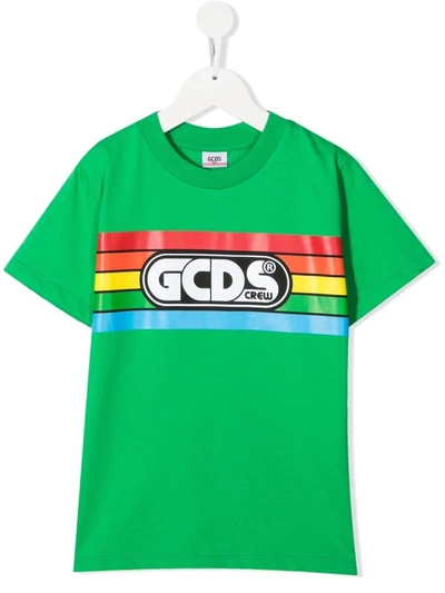 Gcds Kids' Rainbow Stripe Logo Cotton T-shirt In Green