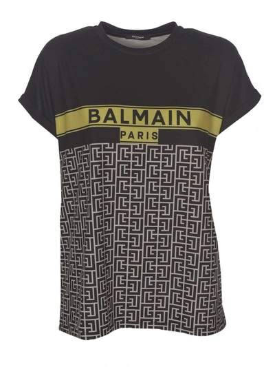 Balmain Jacquard Logo T-shirt In Black And Ivory