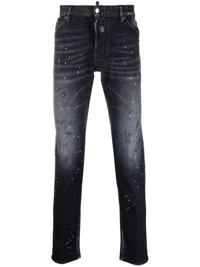 Dsquared2 Stonewashed Paint Effect 5 Pocket Slim Jeans In Black