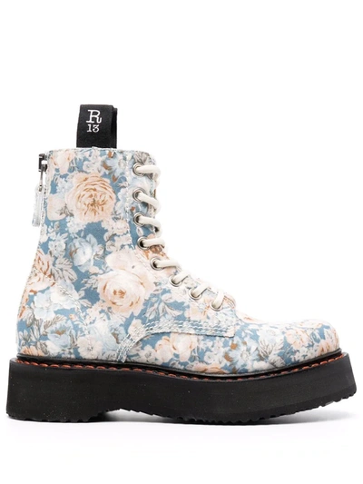R13 Floral-print Combat Boots In Blue ModeSens