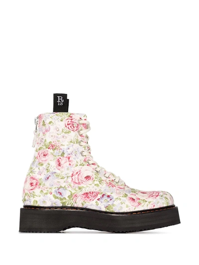 R13 Single Stack Floral Print Combat Boot In Weiss