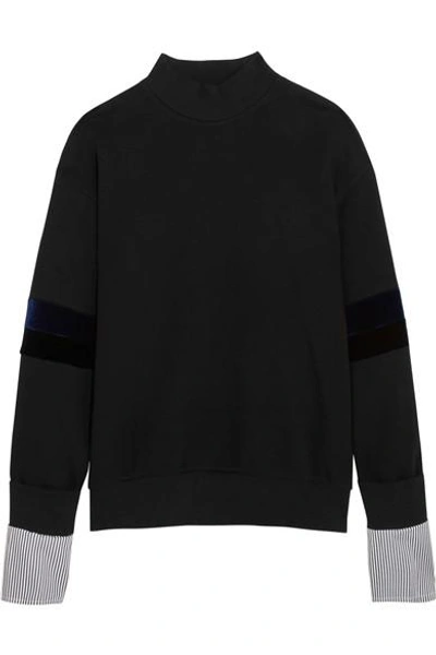 Sjyp Velvet And Striped Poplin-paneled Cotton-jersey Sweatshirt In Black