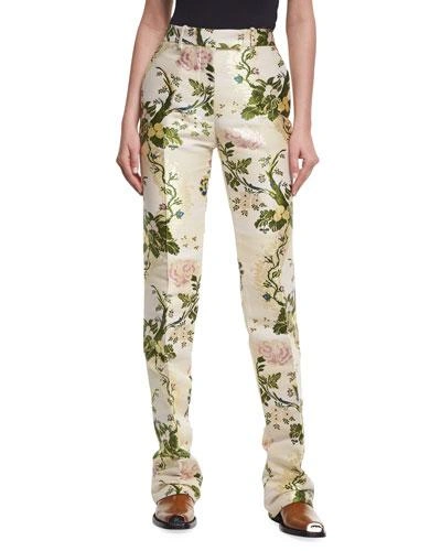 Calvin Klein Collection Floral Brocade Straight-leg Pants In Green Pattern