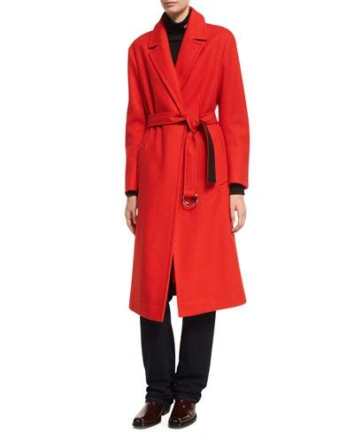 Calvin Klein Collection Belted Long Wool Wrap Coat In Red
