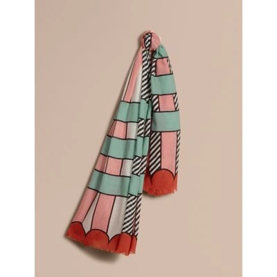 Burberry Striped Exaggerated Check Cashmere Silk Scarf In Apricot Pink |  ModeSens