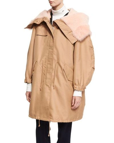 Calvin Klein Collection Cotton-silk Parka With Shearling Hood In Brown/pink
