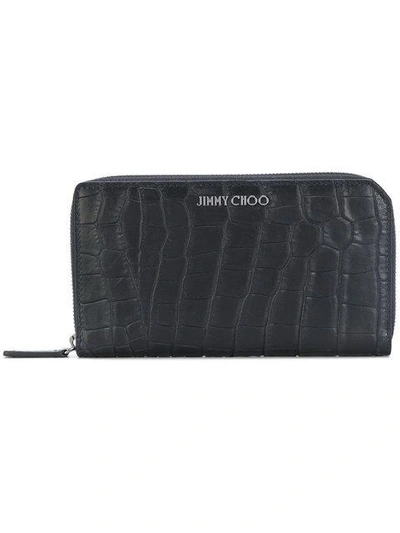 Jimmy Choo Carnaby Navy Crocodile Embossed Satin Leather Travel Wallet In Blue