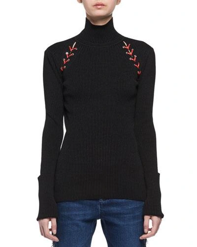 Alexander Mcqueen Laced Knit Turtleneck Top In Black