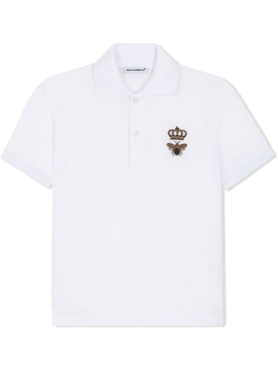 Dolce & Gabbana Kids' Bee And Crown-embroidered Polo Shirt In White