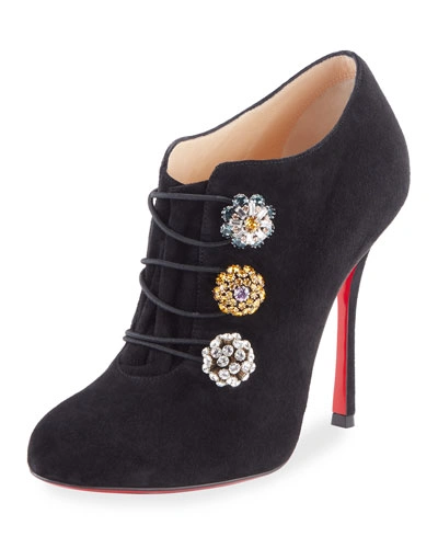 Christian Louboutin Booton Suede Crystal-button Red Sole Bootie, Black