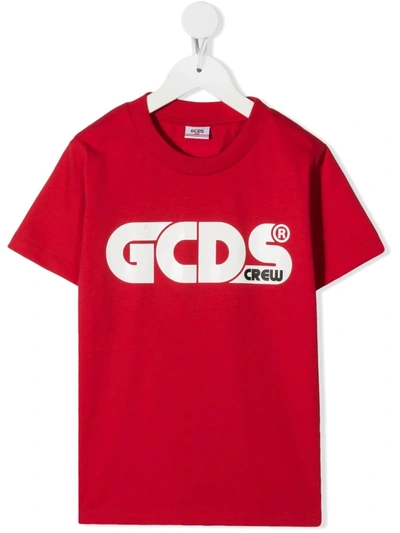 Gcds Kids' Logo印花棉质平纹针织t恤 In Red