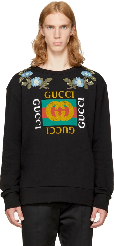 Gucci Logo-print Floral-embroidered Cotton Sweatshirt In Black