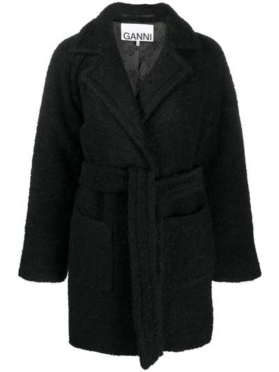Ganni Bouclè Long Wrap Coat In Black
