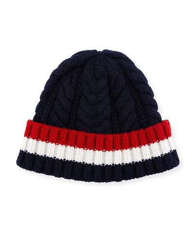 Thom Browne Cable-knit Hat W/striped Cuff In Navy