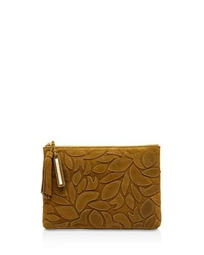 Loeffler Randall Leaf Applique Tassel Suede Clutch In Moss Tan/gold