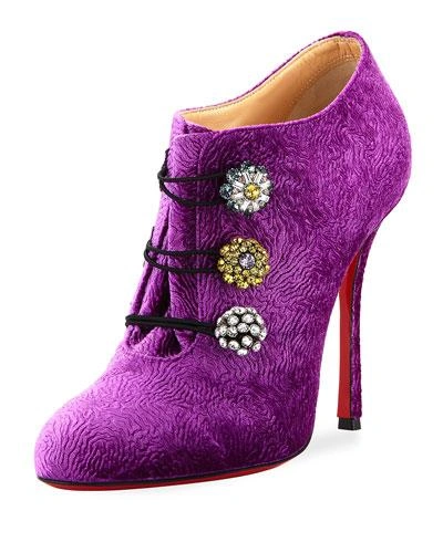Christian Louboutin Embossed-velvet Red Sole Bootie In Purple