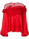 Givenchy Pleated Ruffle And Lace-embellished Silk Top In Red