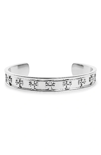 Tory Burch Raised Logo Cuff Bracelet In Silvertone Brass In Metallic Silver