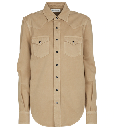 Saint Laurent Flap Pockets Press-stud Shirt In Beige Stone Wash