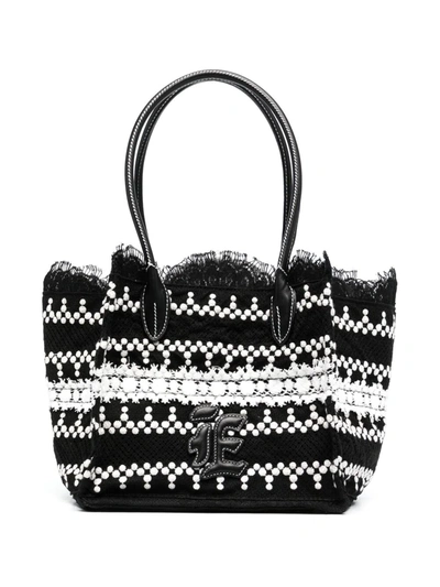 Ermanno Scervino Shopping Bag In Embroidered Lace With Leather Handles And Internal Clutch Bag Measures 25 X 26 X 22 In Black