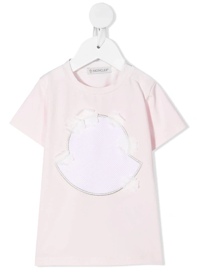 Moncler Babies' Pink Newborn T-shirt With Maxi Logo And Floral Applications