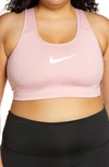 Nike Swoosh Logo Racerback Sports Bra In Pink Glaze/ Pure/ White